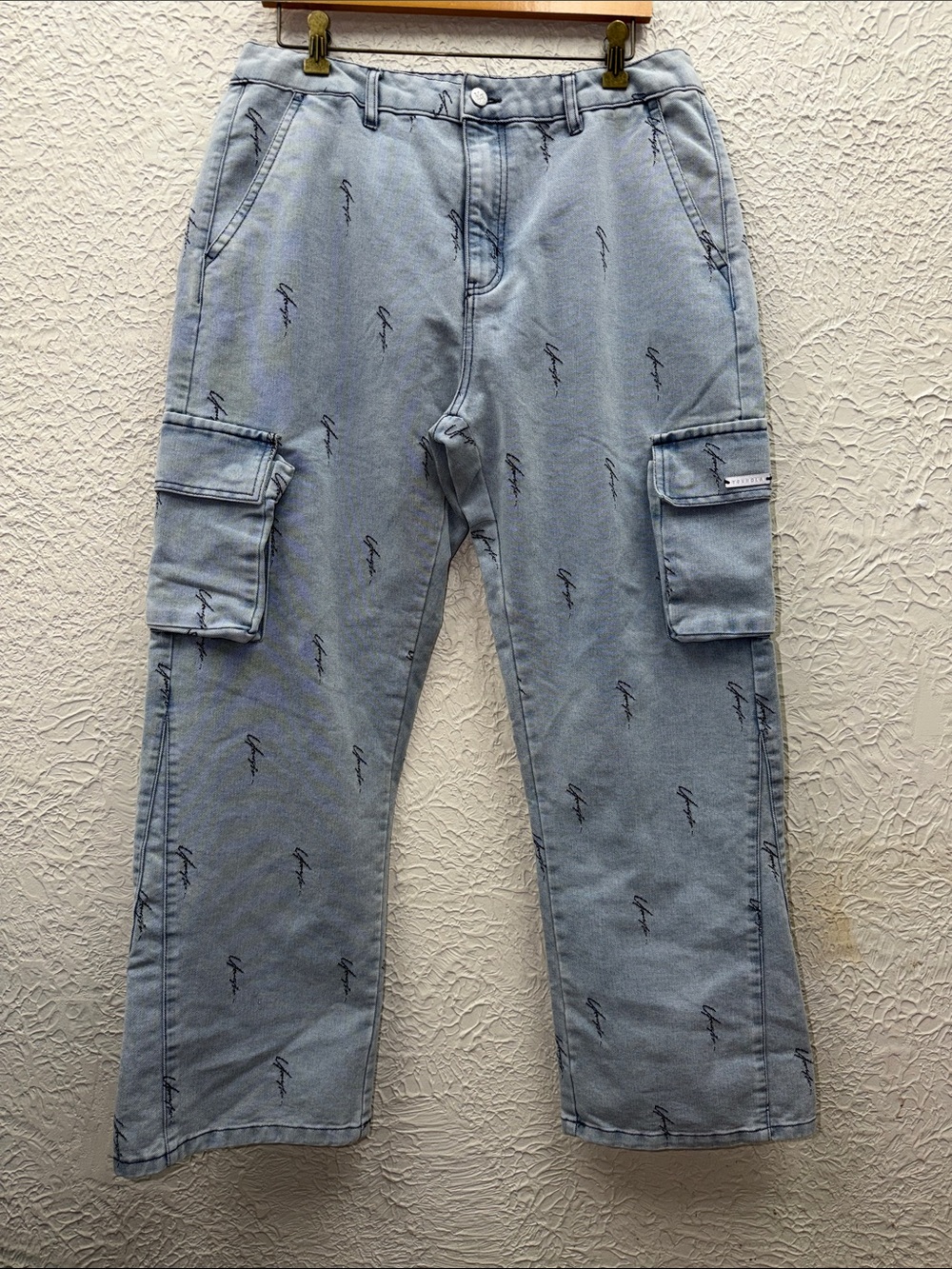 YoungLA Light Blue Cargo Denim Pants with Script Print
